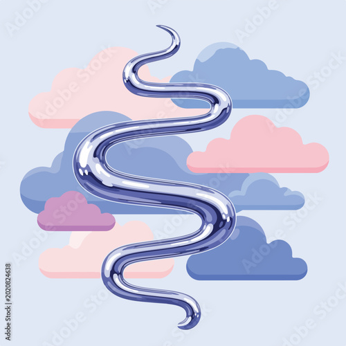 Metallic serpentine shape curls through pastel colored clouds