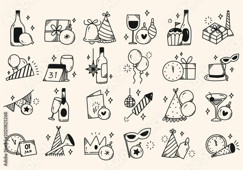 Photography New Year's Eve party doodle elements collection, hand drawn icons for celebration and countdown