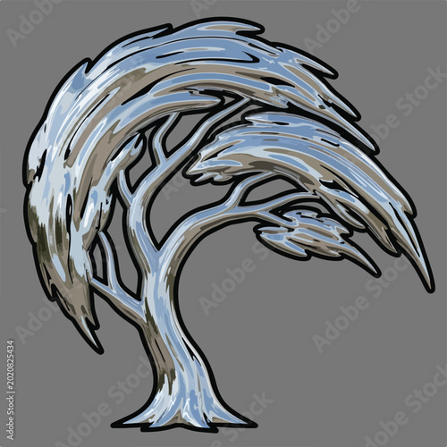 Tree with curved branches and blue accents on gray background