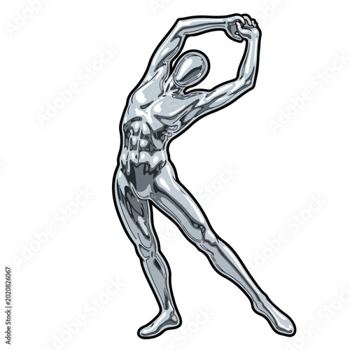 Shiny metallic human figure in dynamic stretching pose isolated