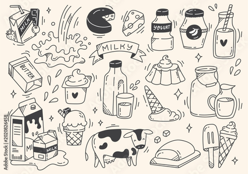 Set of hand drawn doodle dairy elements for decorations and cards milk products illustration.