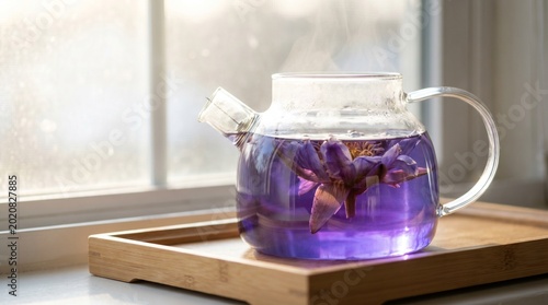 Steeping Blue Lotus Flower Herbal Tea in Clear Glass Teapot