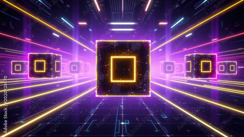 Fototapeta premium Neon tunnel extends into darkness. Squares glow, creating digital pathway. Purple, yellow lights dominate scene. Futuristic design.