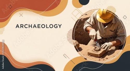 Man in beige shirt and yellow hard hat carefully excavates artifact in arid archaeological dig site.