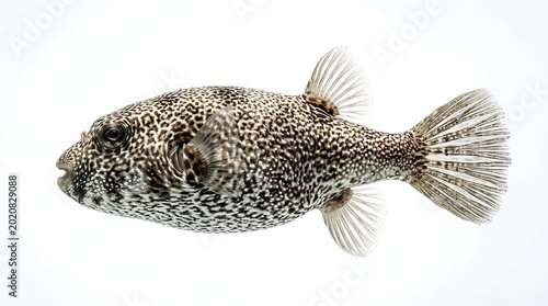 A close up studio shot of a spotted pufferfish isolated on a white background.