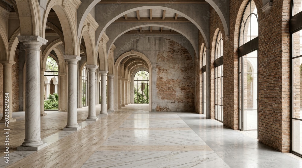 Obraz premium elegant historic corridor with arched columns and natural light interior design mockup