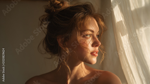 Profile portrait of a young woman with soft lighting by the window, serene mood