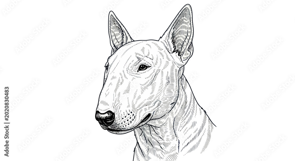Εκτύπωση καμβά Bull Terrier Dog Portrait Illustration, Black and White Line Art