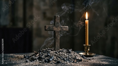 Stone cross in ashes with lit candle and smoke symbolizing death and remembrance mourning religious