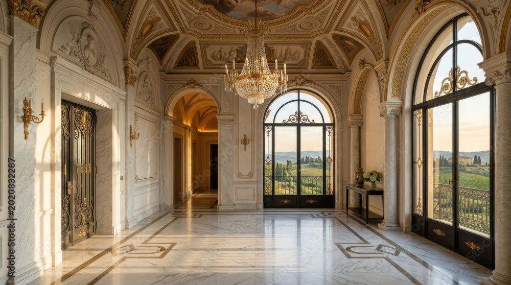 Fototapeta premium elegant grand marble hallway with chandelier and arched windows in luxury villa