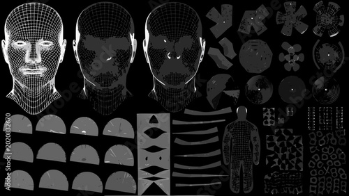 Foto wireframe human head kit with multiple views and component breakdowns on black b