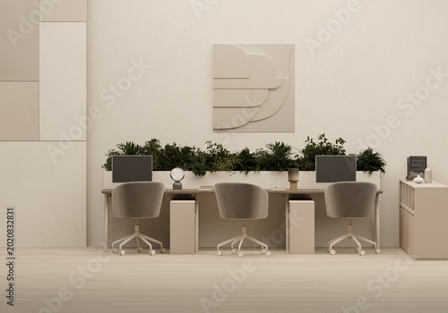 Contemporary office workspace with everyday objects and collaborative desk setup