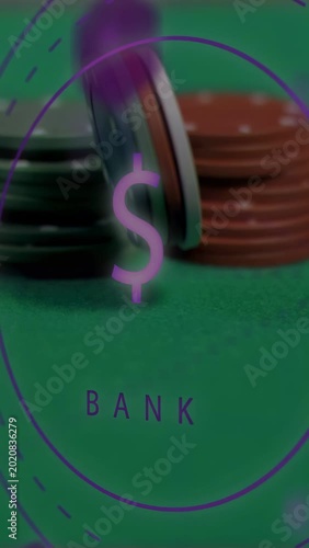 Vertical video: Purple orb hitting chip stack, tipping chips revealing white chip, BANK for finance