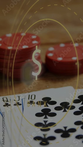 Vertical video: Camera shifting, fanned clubs revealing royal flush, $ pulsing and BANK showing bet
