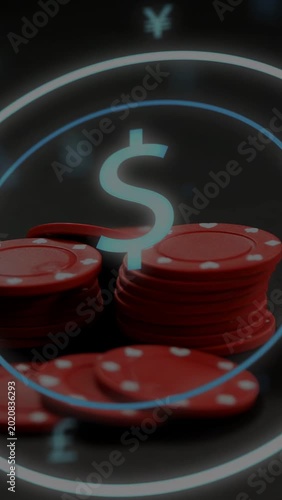 Vertical video: Gambling chips shifting, falling chip tumbling from left, causing pulsing $ sign