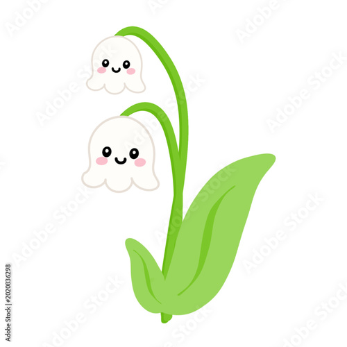 Foto Hand-drawn cute lily of the valley illustration with smiling kawaii faces