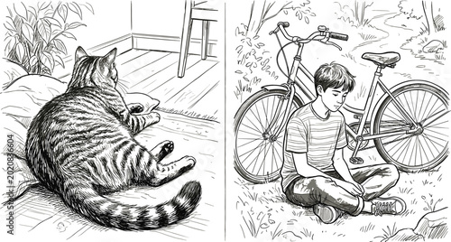 Fotografía Hand drawn lifestyle illustration set featuring resting tabby cat and boy sittin
