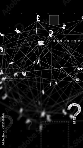 Vertical video: Camera panning showing rotating 3D mesh globe, currencies rising, HUD mapping risk