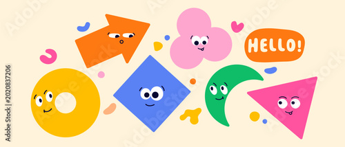 Design with geometric figure faces. Color shapes with faces and tiny elements around.