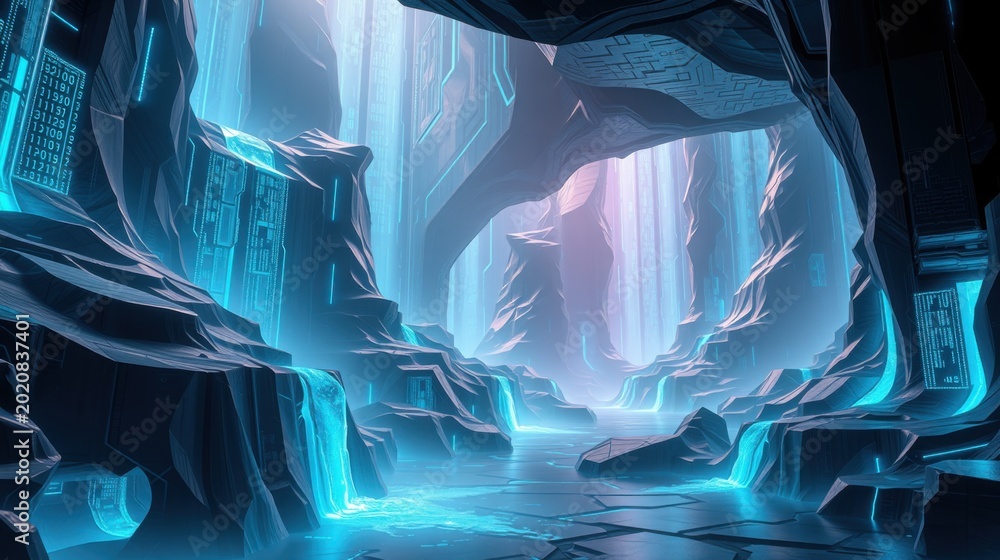 Fototapeta premium Futuristic cavern glows with neon light. Complex structures suggest advanced technology, mysterious depths beckon exploration.