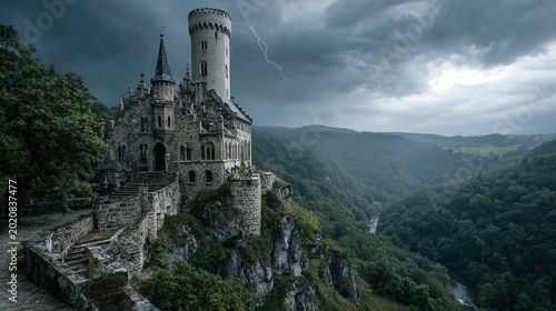 Majestic gothic castle perched on dramatic cliff edge under violent lightning bolts and ominous storm clouds.