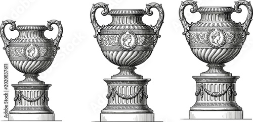 Fotografía Antique ornamental vase engraving collection with classical decorative urns deta