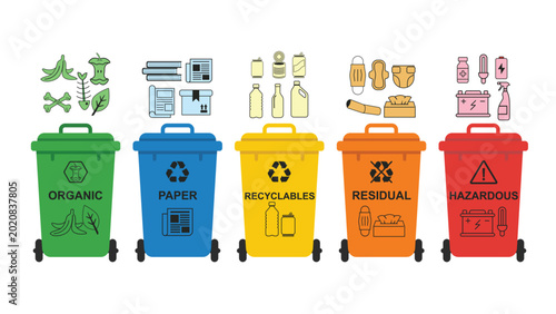 Quadro su tela Waste management vector illustration showing garbage separation into five categories organic, paper, recyclables, residual and hazardous waste bins isolated on white background