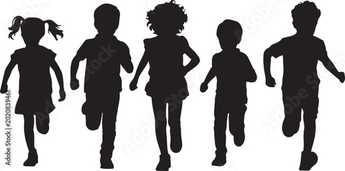 Five kids running together silhouette style