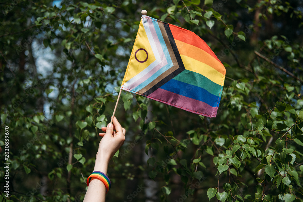 Φωτογραφία Hand holds inclusive pride flag against foliage