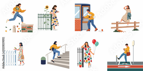 Diverse collection of people in various daily life activities such as walking, jumping, waiting, and commuting in urban and outdoor settings.