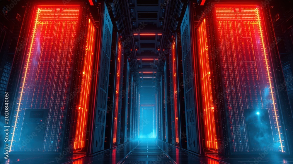 Fototapeta premium Data center interior. Rows servers glow red, blue light creates tunnel effect. Futuristic technology, digital infrastructure visible.