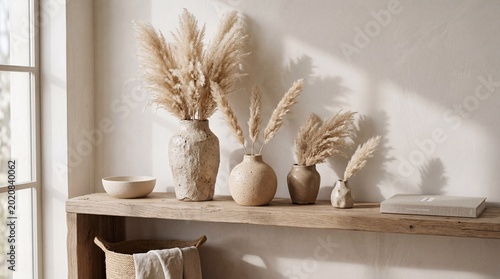 Collection of ceramic vases filled with fluffy pampas grass sits on a rustic wooden console table, creating a minimalist and warm bohemian interior setup.