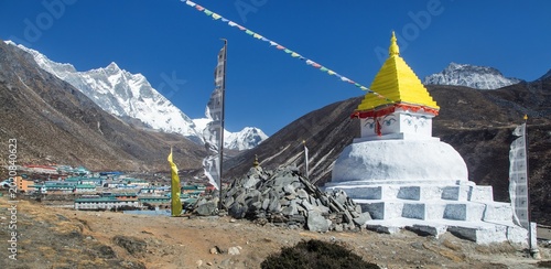 Canvastavla mount Lhotse Stupa prayer flags Dingboche village
