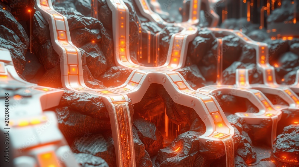 Fototapeta premium Futuristic city inside cavern. Glowing orange lines illuminate rocky structures. Complex design suggests advanced technology, dark background.