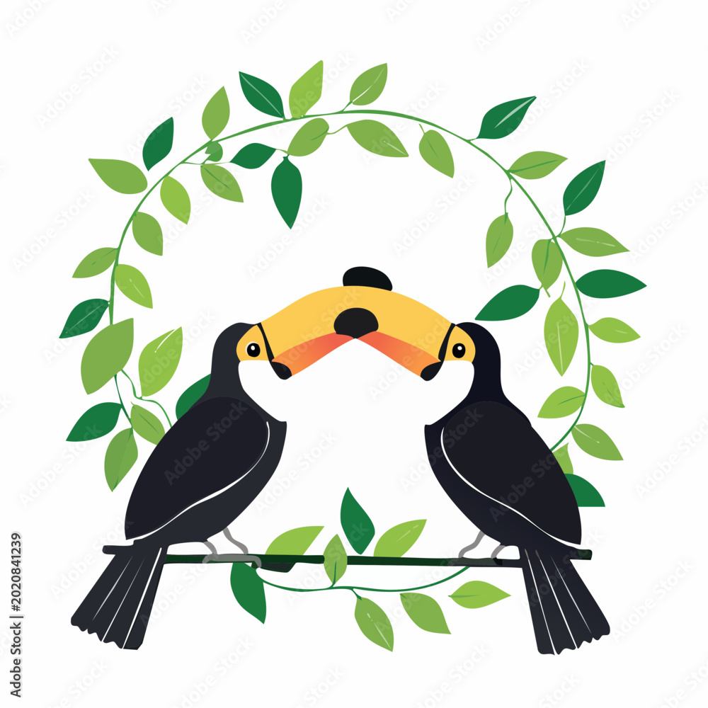 Obraz premium Two Toucans Perched on a Branch with Green Leaves