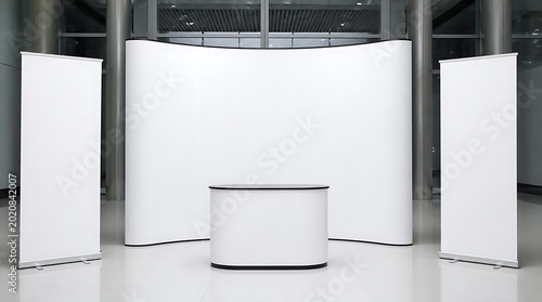 Blank white trade show booth display with roll up banners and counter for branding.