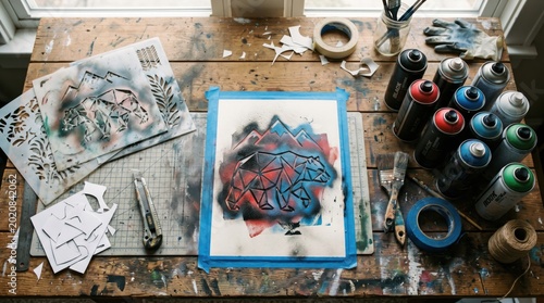 Artists workspace with spray paint cans, stencils, and artwork in progress.
