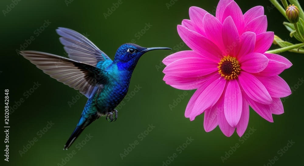 Fototapeta premium Vibrant Hummingbird Hovering Near a Beautiful Pink Dahlia Flower.