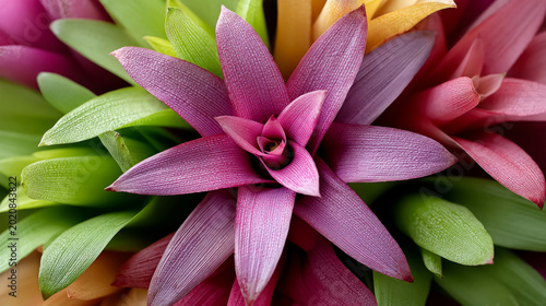 Vibrant bromeliad flowers in full bloom displaying radiant colors and textures