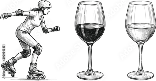 Quadro em tela Roller skater and wine glasses engraving style illustration collection with deta