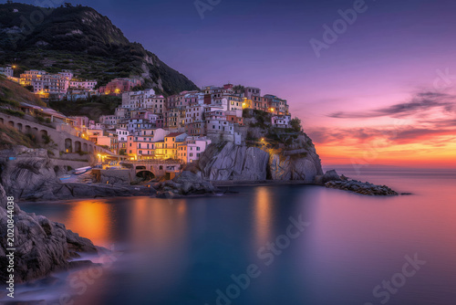 Long Exposure Sunset View Of Cinque Terre Coast Cliffs