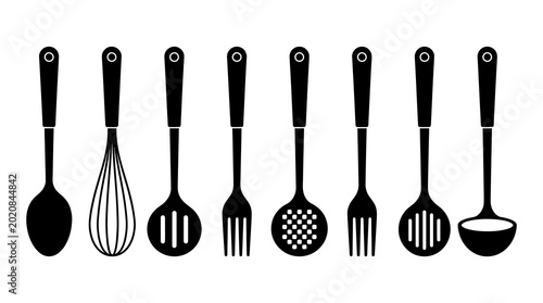 Photos Collection of black kitchen cooking utensils for home and professional use