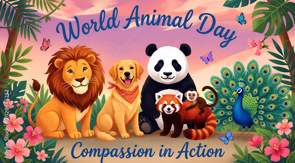 Fototapeta premium Cute cartoon animals celebrating world animal day with compassion in action theme surrounded by nature flowers and butterflies