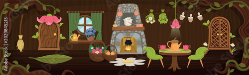 Cute fairy kitchen interior inside tree house with stone stove, wooden table, chairs, shelves and magical forest decor in flat cartoon style.