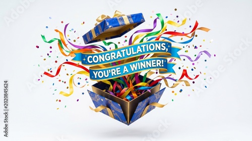 colorful celebration gift box exploding with confetti and winner banner on white backgroung made by AI generative