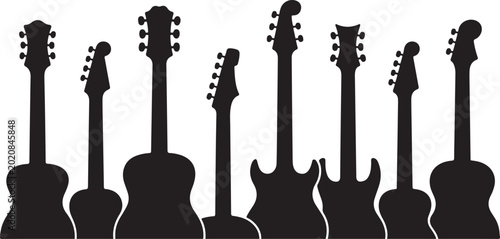 Foto Black silhouette lineup of electric and acoustic guitars
