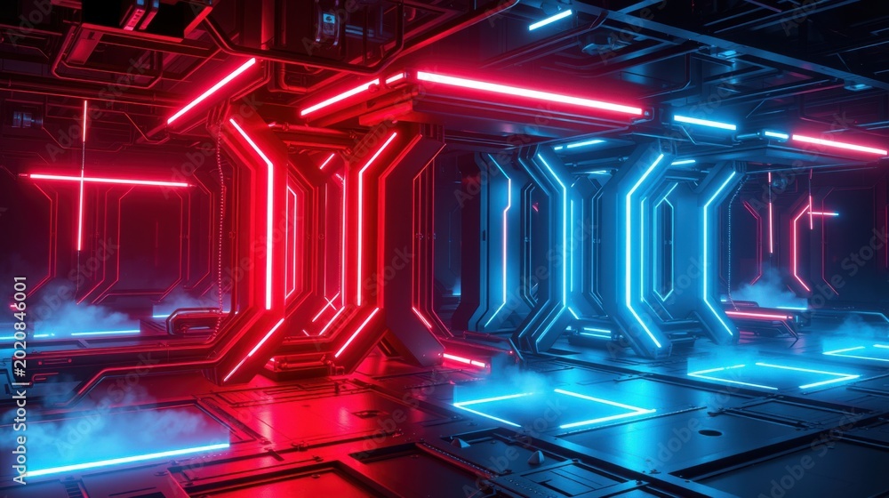 Fototapeta premium Futuristic corridor. Red, blue neon lights illuminate metallic walls, floors. Smoke adds dramatic effect, creating intense atmosphere.