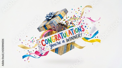 colorful celebration gift box exploding with confetti and winner banner on white backgroung made by AI generative