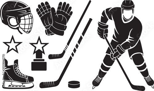 Photography Ice hockey player with gear and puck icon set