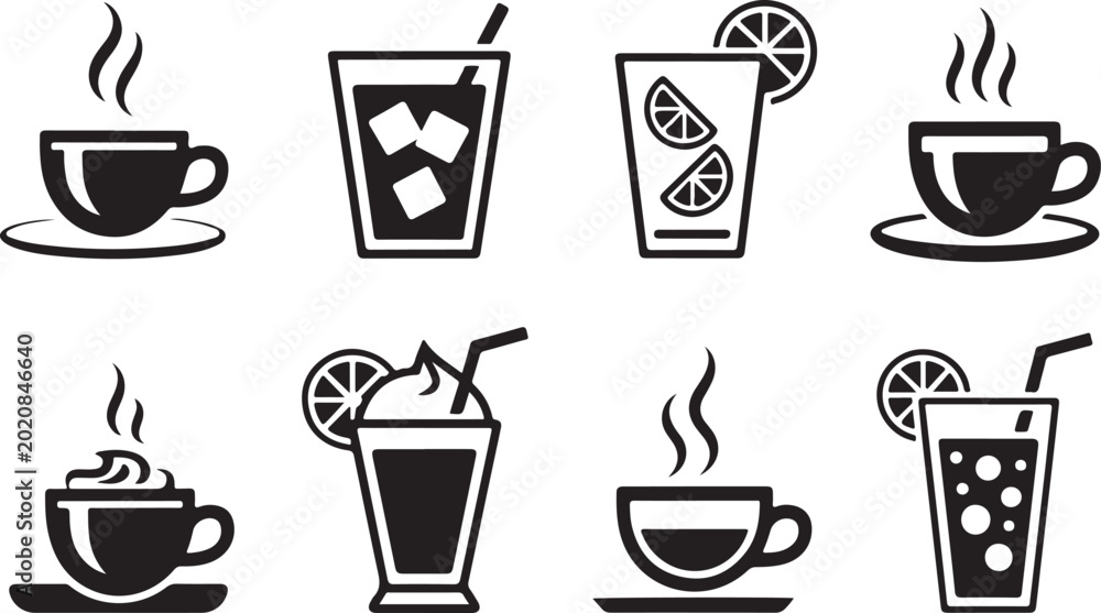Obraz premium Eight black and white hot and cold drink icons